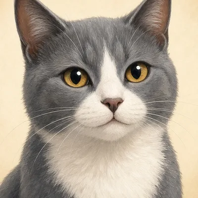 Illustration of Swami, a gray cat with a white chest and paws